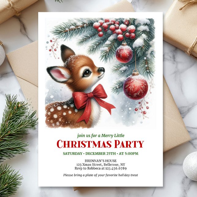  mysig snöig skogsbarn hjort jul barn inbjudan (Cozy snowy forest baby deer Christmas invite digital download)