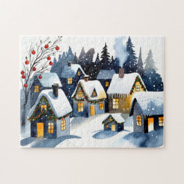 mysig snöig vintersby Vattenfärg Jul Pussel