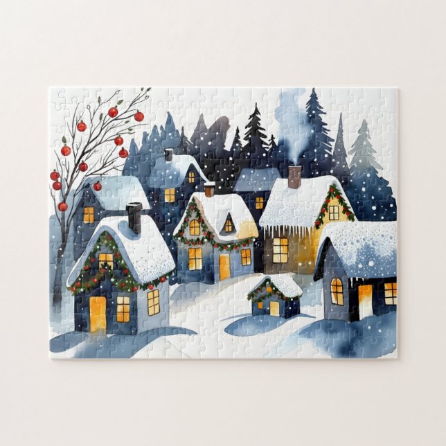  mysig snöig vintersby Vattenfärg Jul Pussel (Horisontell)