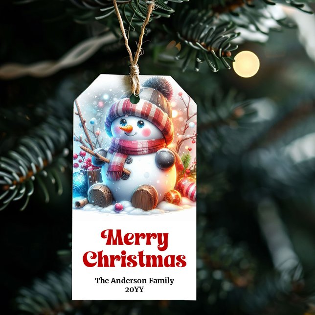  mysig Snömannen Barn Jul Presentegetikett Rediger Presentetikett (Cozy Cute Snowman Kids Christmas Gift Tag Editable Fun)
