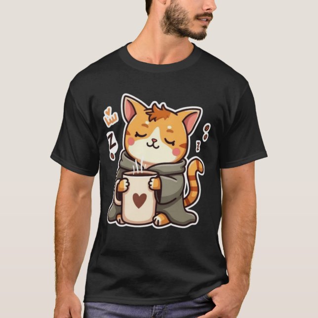 mysig sömnig katt med kaffemugg t shirt (Framsida)
