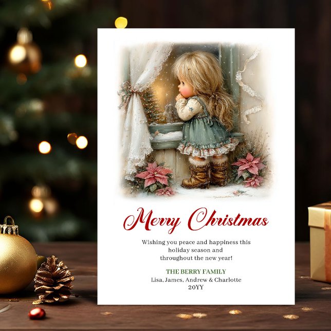 mysig söt liten flicka vinterscen hälsningskort julkort (Cozy Cute Little Girl Winter Scene Greeting Card

)