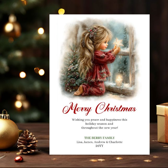 mysig sötnos liten flicka högtids scen gratulation julkort (Cozy Cute Little Girl Holiday Scene Greeting Card

)