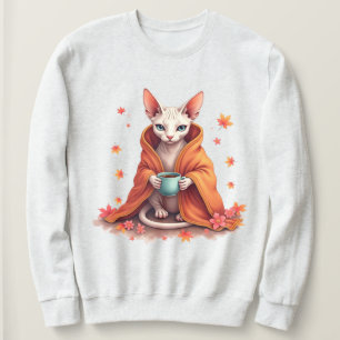 Mysig Sphynx Katt Inpaktad i Filten med Kaffe – P T Shirt