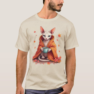 Mysig Sphynx Katt Inpaktad i Filten med Kaffe – P T Shirt