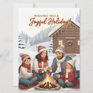 Mysig stuga Familjens glada högtid vid brasan Foto Julkort