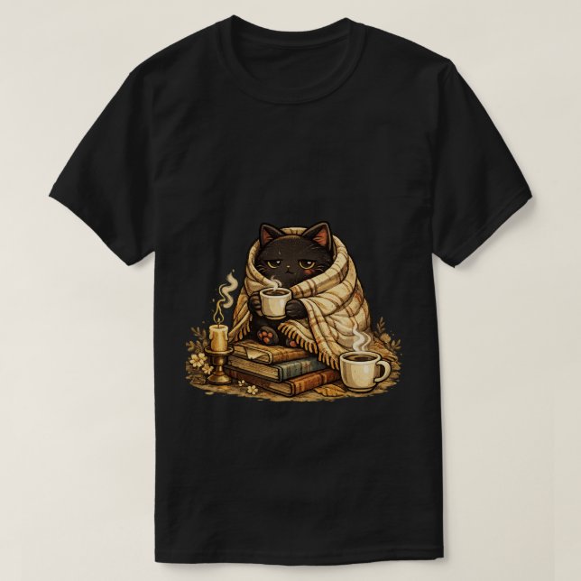  mysig svart katt kaffe estetisk t-shirt (Design framsida)
