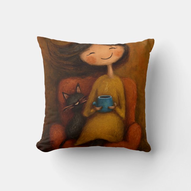 Mysig Svart Katt Whimsical Estetisk Konst Kudde (Framsida)
