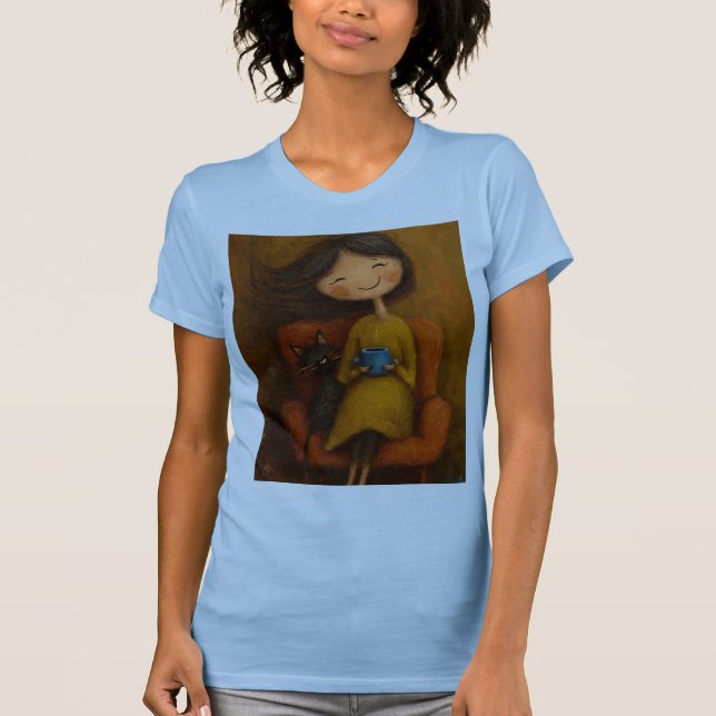 Mysig Svart Katt Whimsical Estetisk Konst T Shirt (Framsida)