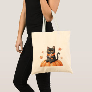 mysig svart kawaii-katt Höst Mysig Pumpa Kryddad Tygkasse