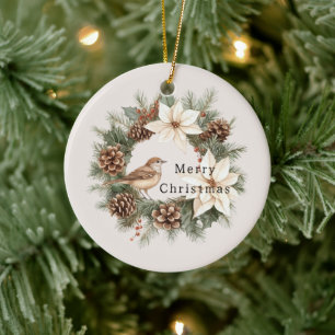 mysig varm jul julstjärna tallkottar fågel julgransprydnad keramik