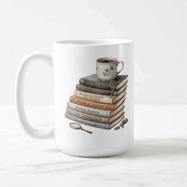  mysig vattenfärg bokstapel med tekopp Hygge Har Kaffemugg (Vänster)