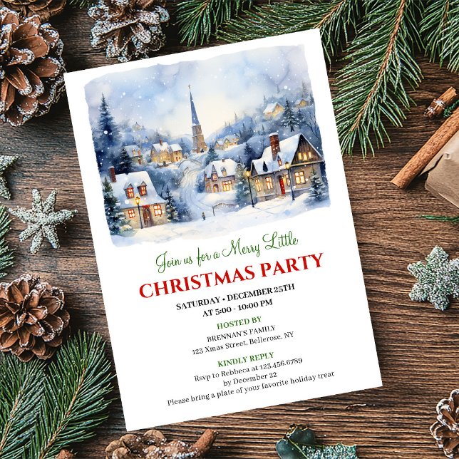  mysig vattenfärg julbyn semester scen   inbjudningar (Cozy watercolor Christmas village holiday scene invite)