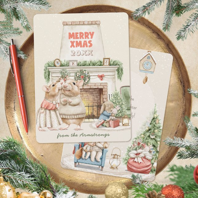  mysig vattenfärg möss vintage jul julkort (Cozy Watercolor Mice Vintage Holiday Greeting ©Susanne Sachers - Sunny Mind 🌞)