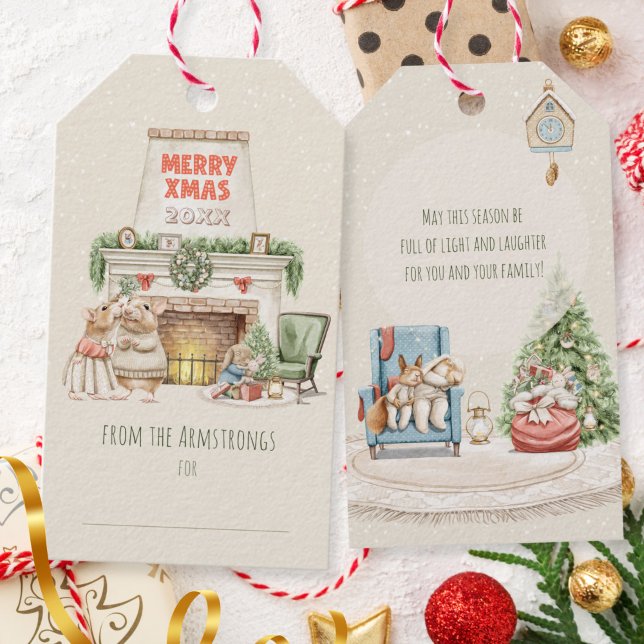  mysig Vattenfärg Möss Vintage Jul Presentetikett (Cozy Watercolor Mice Vintage Holiday Gift Tags ©Susanne Sachers - Sunny Mind 🌞)