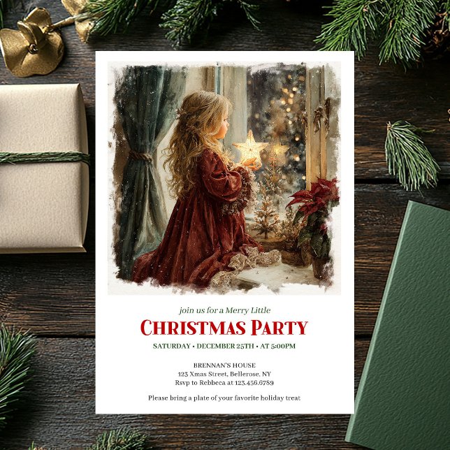 mysig Victorian-lilla flicka väntar på tomte nedl Inbjudningar (Cozy Victorian Little Girl Awaiting Santa Download Invitation )