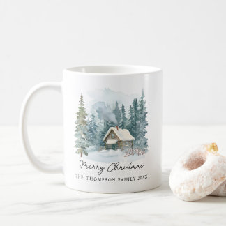 mysig vinter akvarell stuga handskriven jul kaffemugg