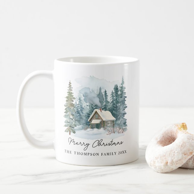  mysig vinter akvarell stuga handskriven jul kaffemugg (Med munk)