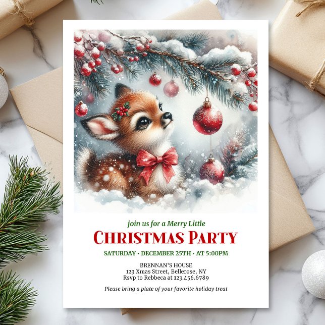  mysig vinter barn hjort snöig skog akvarell Xmas Inbjudningar (Cozy winter baby deer snowy forest watercolor Christmas invitation

)