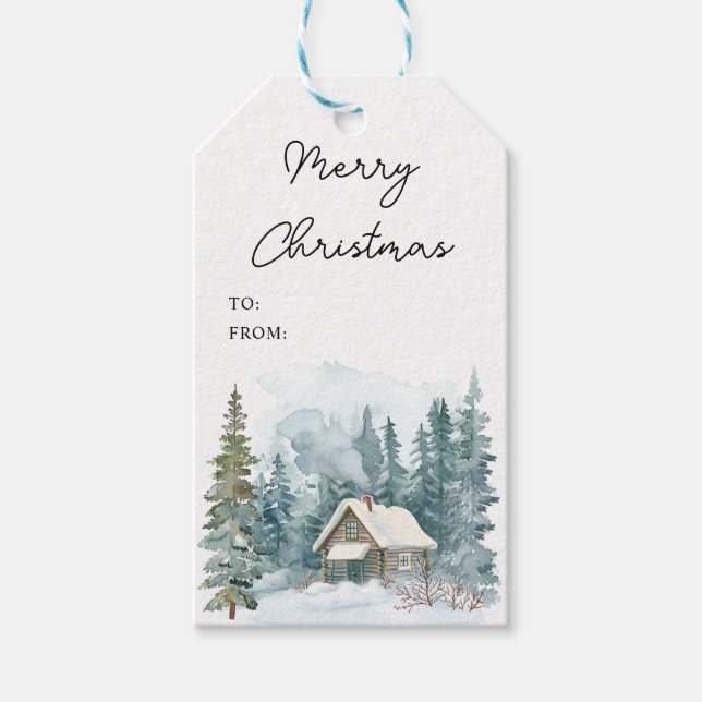  mysig vinter vattenfärg stuga handskriven jul presentetikett (Framsidan)