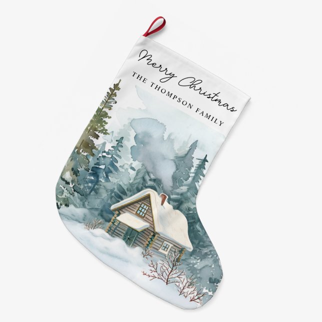  mysig vinter vattenfärg stuga handskriven jul stor julstrumpa (Framsidan (Hängande))