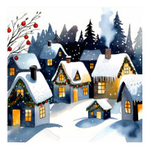  mysig vinterby Vattenfärg Jul Väggkonst 