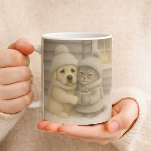 mysig vintermugg med illustration av valp och kat kaffemugg