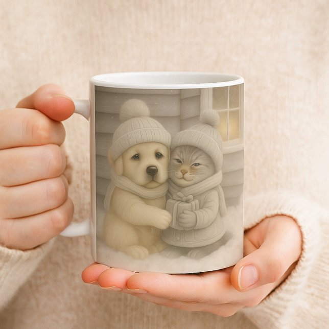  mysig vintermugg med illustration av valp och kat kaffemugg (Skapare uppladdad)