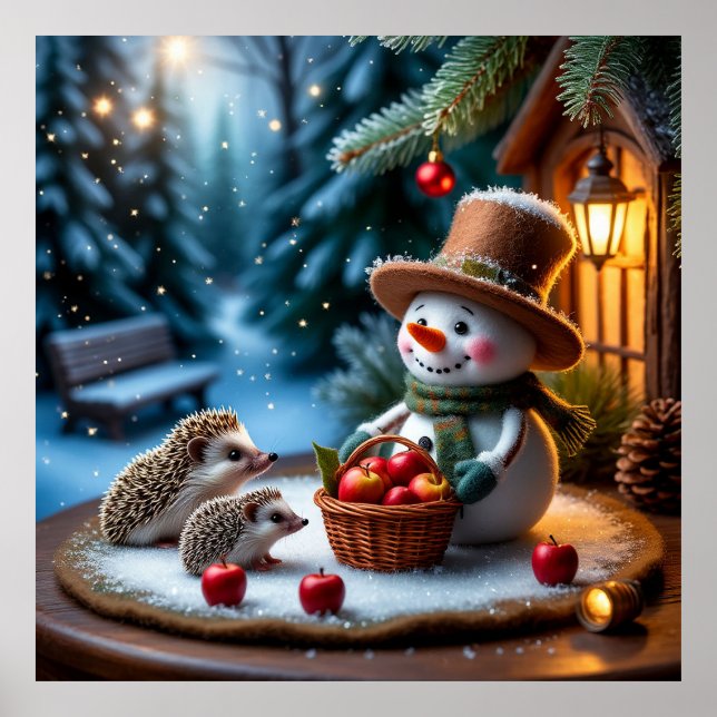  mysig vinterscen med snöman, igelkottar poster (Framsidan)