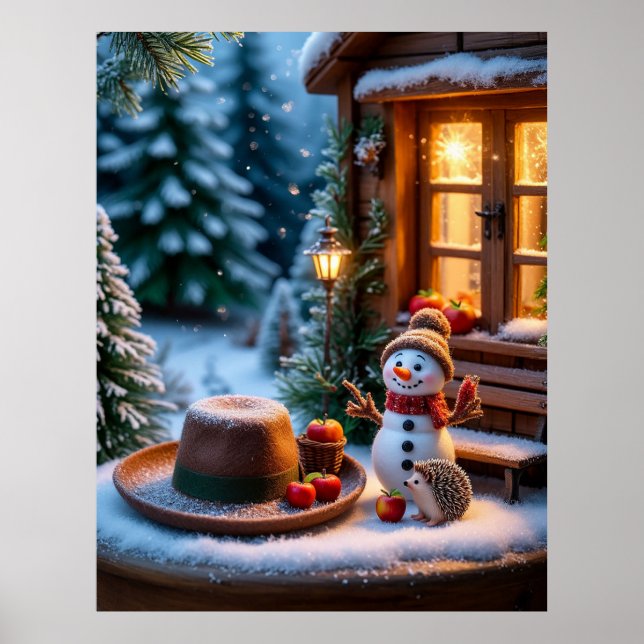  mysig vinterscen med snöman, igelkottar poster (Framsidan)