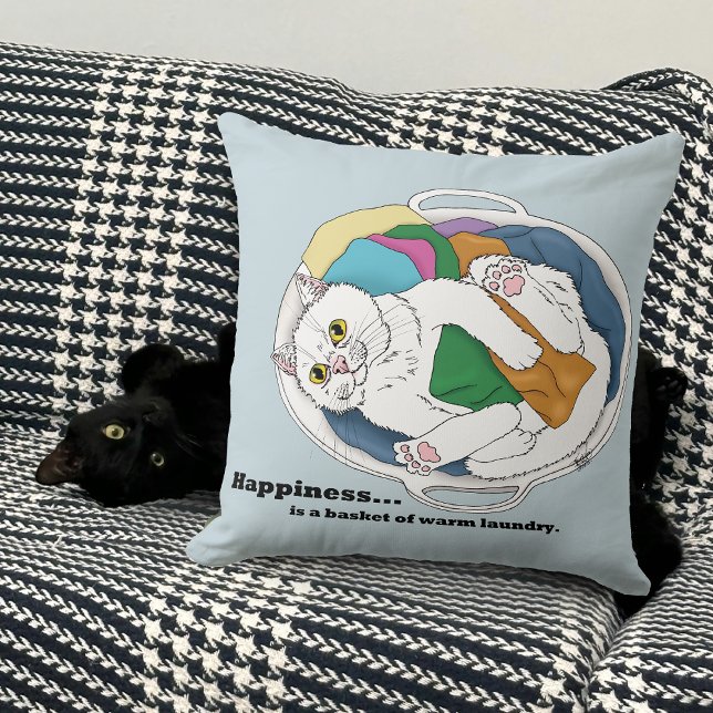  mysig vit katt tvättkorg rolig blå kudde (Skapare uppladdad)