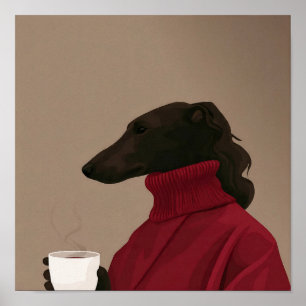 Mysig Whippet som dricker kaffe - Minimalistisk h Poster