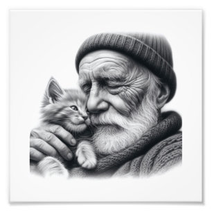 Mysiga assistenter Äldre Man och Kitten Wall Art Fototryck