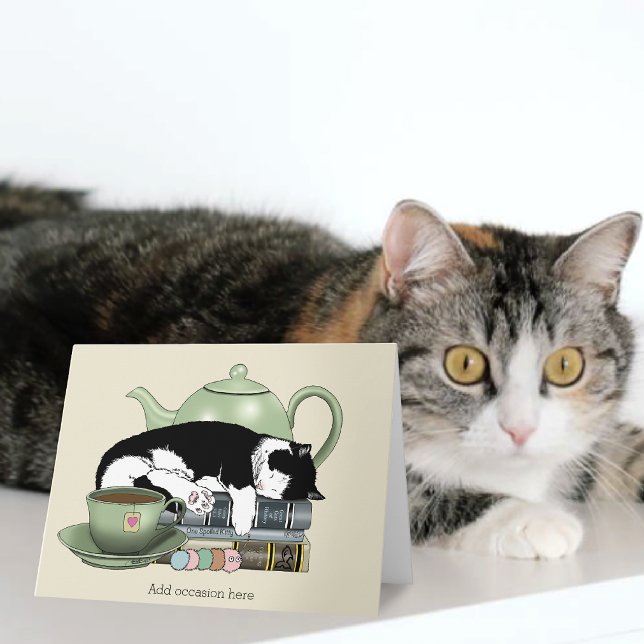 mysiga böcker katt smoking tekopp söt grön tecerem kort (Skapare uppladdad)