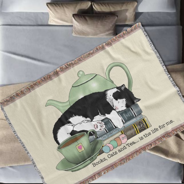 mysiga böcker katt smoking tekopp söt grön tekanna filt (Skapare uppladdad)