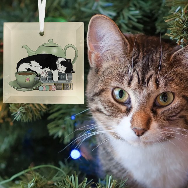 mysiga böcker katt smoking tekopp söt grön tekanna julgransprydnad keramik (Skapare uppladdad)
