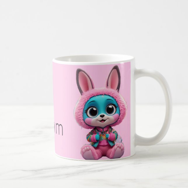 Mysiga Bunny Mugg - Cute Blue Rabbit in Rosa Huva  (Höger)