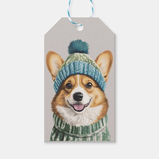 Mysiga Corgi i vinterredskap Presentetikett (Framsidan)