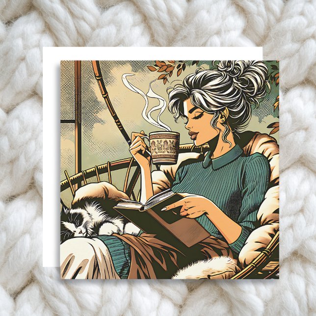 Mysiga Dam-läsning med kaffe och katt Kort (Skapare uppladdad)