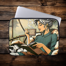 Mysiga Dam-läsning med kaffe och katt Laptop Fodral