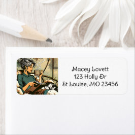 Mysiga Dam-läsning med kaffe och katt Returadress Etikett