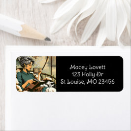 Mysiga Dam-läsning med kaffe och katt Returadress Etikett