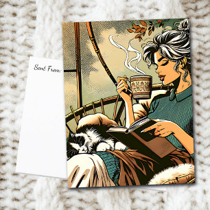 Mysiga Dam-läsning med kaffe och katt Vykort