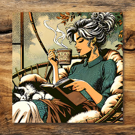 Mysiga Dam-läsning med kaffe- och kattkort Poster