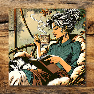 Mysiga Dam-läsning med kaffe- och kattkort Poster