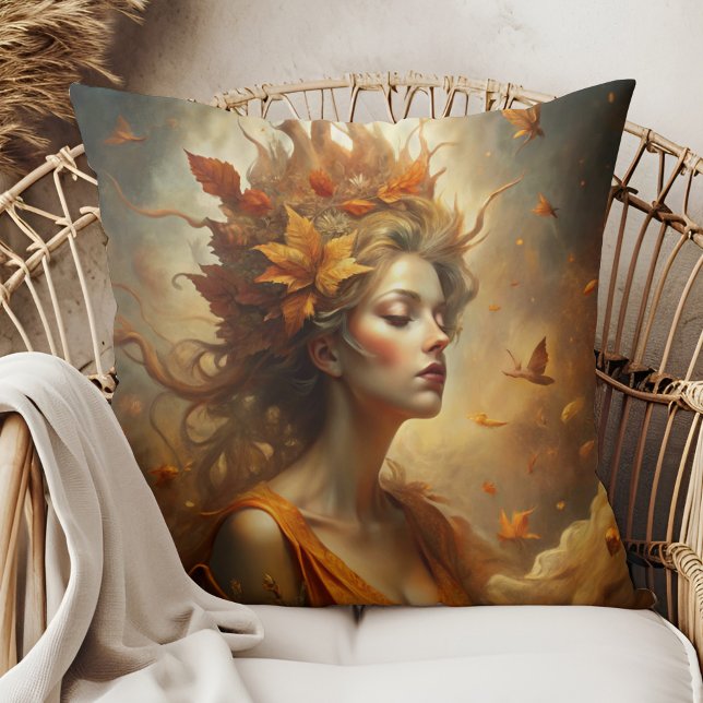 Mysiga Fall Boho - Hösten Forest Fairy Kudde (Autumn Forest Fairy – Cozy Fall Boho Throw Pillow on a boho rattan armchair.)