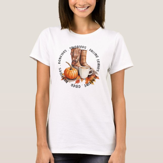 Mysiga Fall Vibes - Boots, Pumpkin Spice, Bonfire T Shirt (Framsida)