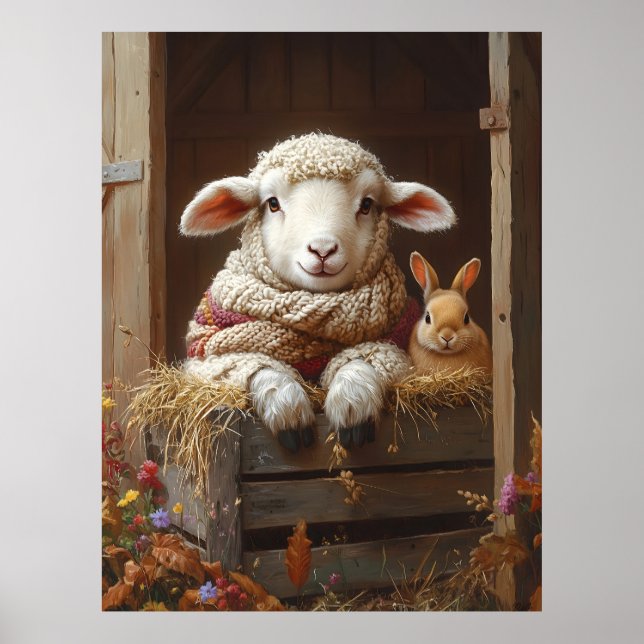 Mysiga får och kanin i Barn med blommor Poster (Framsidan)