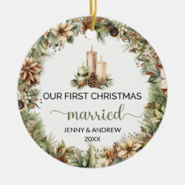 Mysiga gröntar och beige julljus julgransprydnad keramik