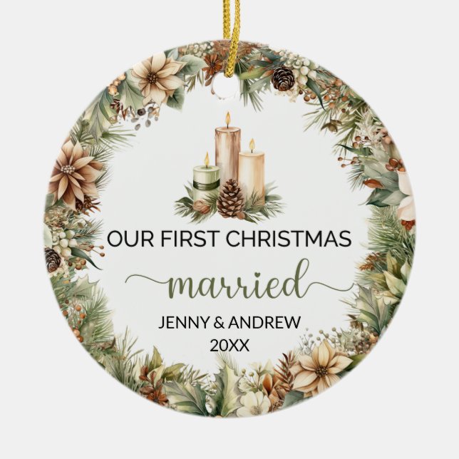 Mysiga gröntar och beige julljus julgransprydnad keramik (Framsidan)